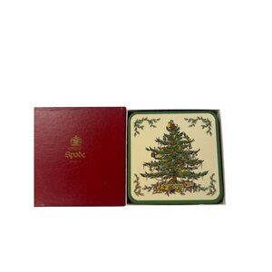 Vintage Spode Christmas Tree Set of 6 Square Cork back Coaster In Box